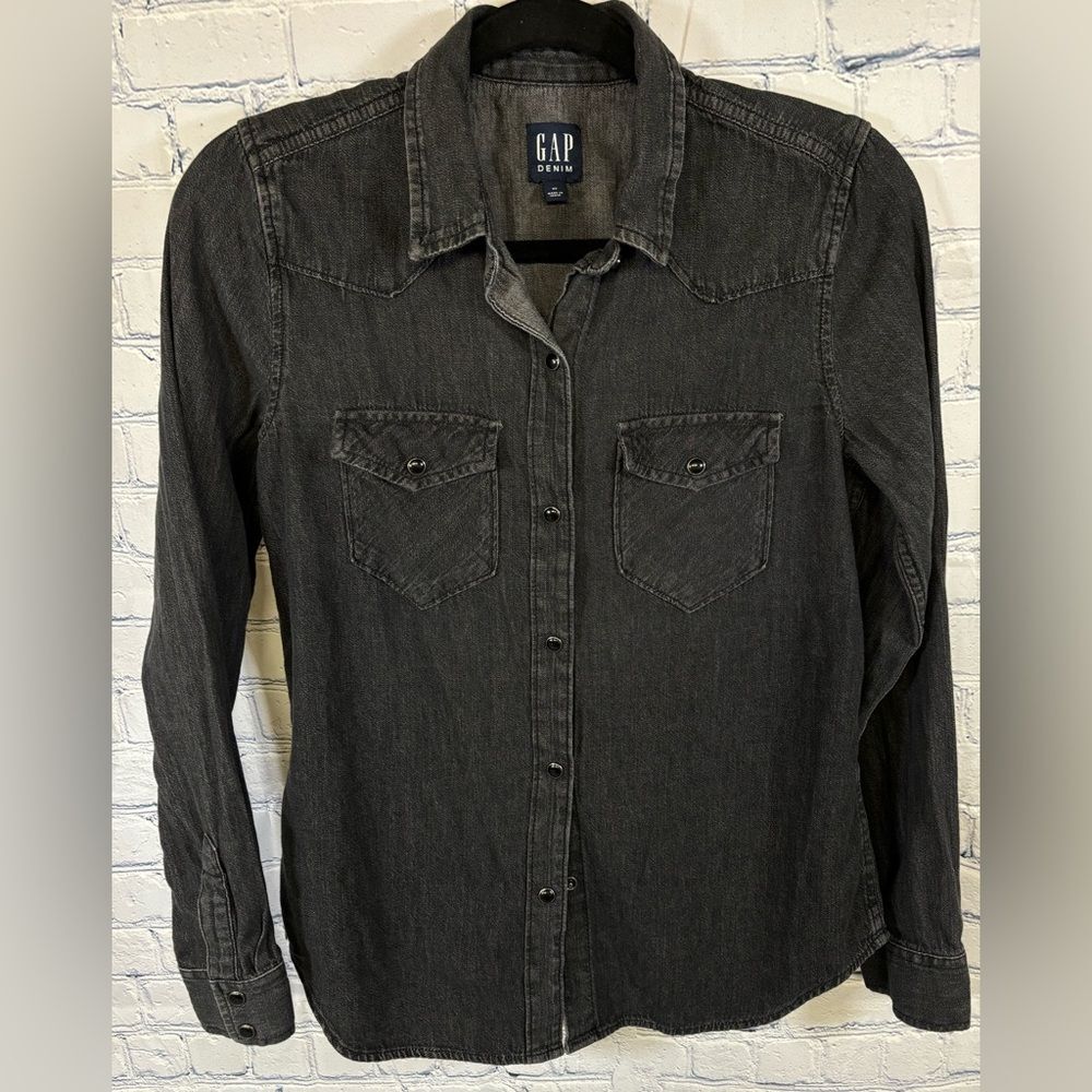 Gap Denim Black Western Cowgirl Ranch Minimalist Class Pearl Snap Shirt XS